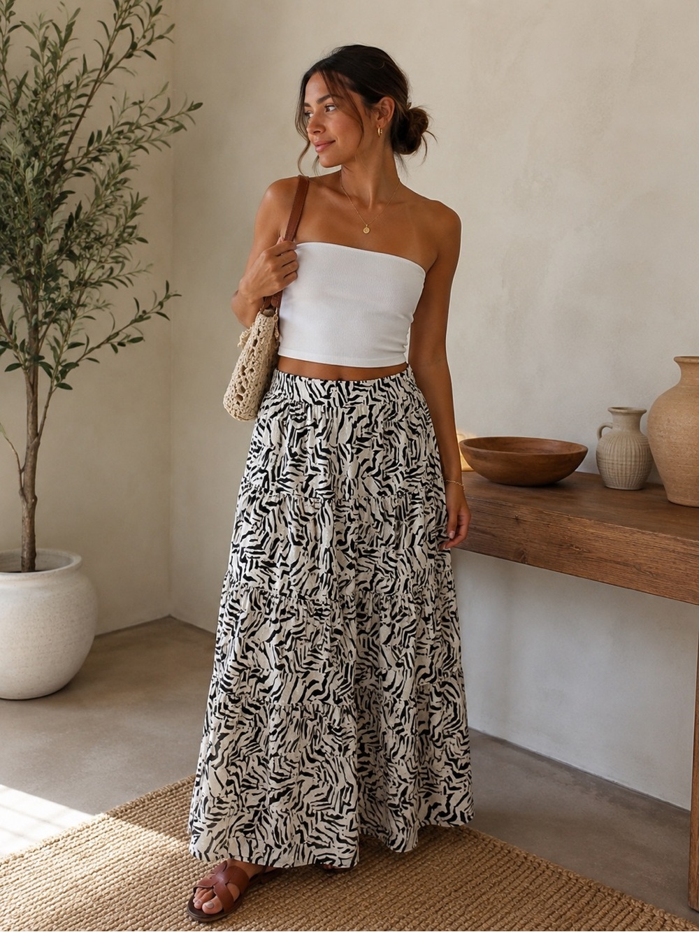 A New Day Tiered Maxi Skirt Abstract Zebra Print Boho Resort Size M
